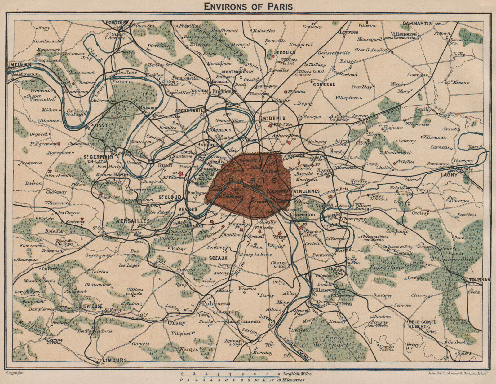 PARIS ENVIRONS. Showing forts fortifications railways. Vintage map plan 1922
